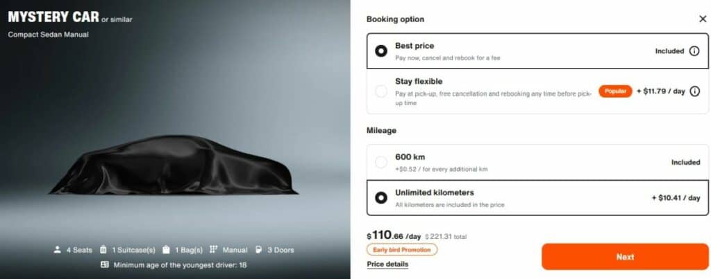 A Mystery Car rental deal teasing a compact manual sedan under a black cover, highlighting budget and flexible booking options with mileage choices and an early bird price.