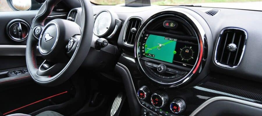 Mini interior with navigation system and sport steering wheel