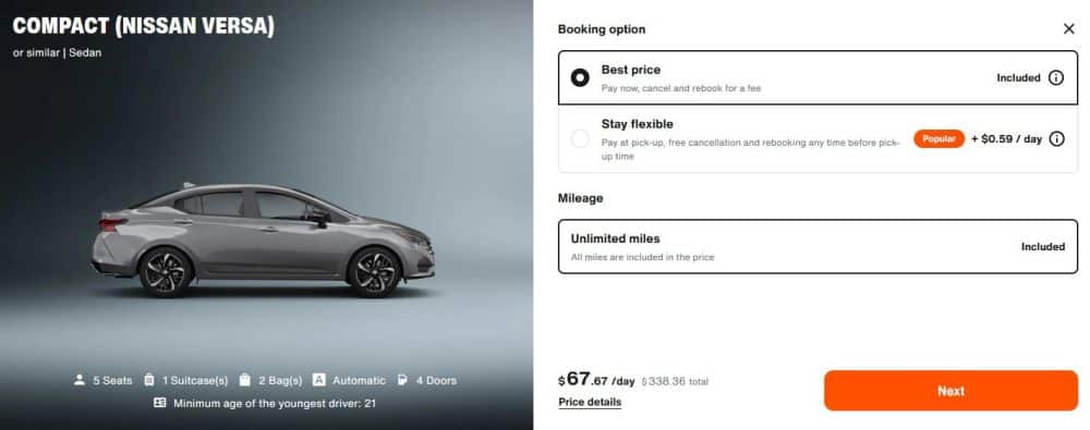 Sixt rental car booking screen showing a compact Nissan Versa with pricing and mileage options