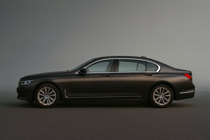 Side view of a sleek BMW luxury sedan with metallic dark gray finish and BMW-logo alloy wheels, set against a smooth gray gradient background.