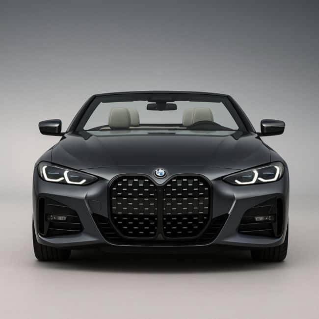 Front view of a BMW 4 Series Convertible in metallic gray with the top down, showcasing the bold kidney grille, sharp LED headlights, and prominent BMW logo against a smooth gray gradient background.