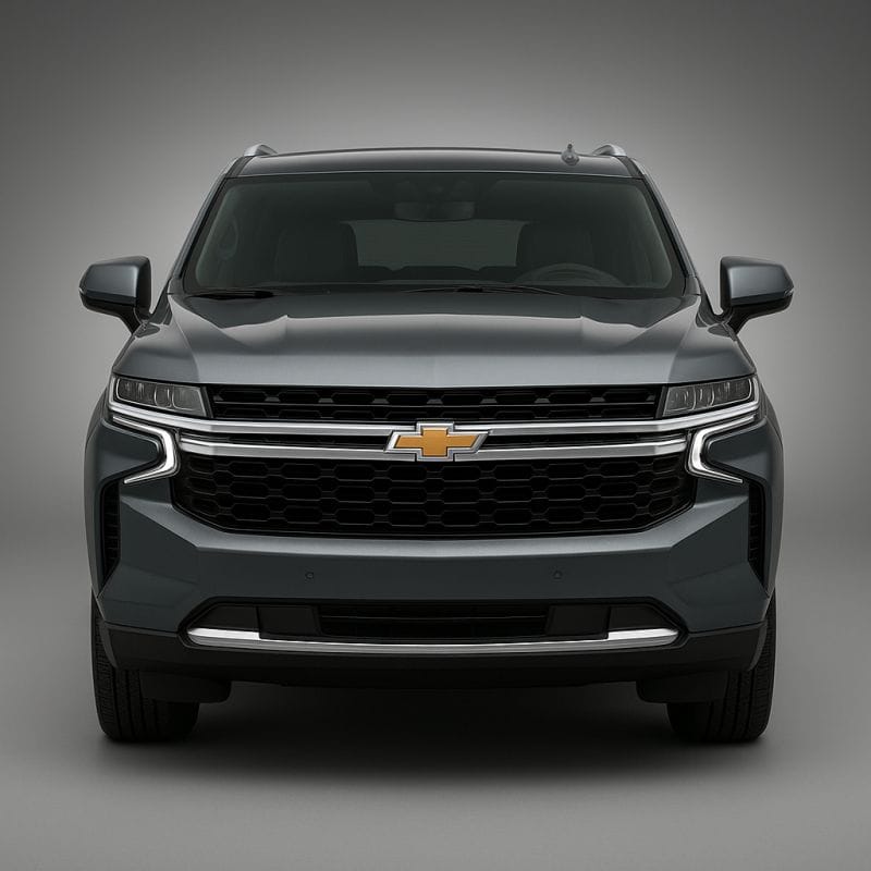 Front view of a Chevrolet Suburban SUV with signature gold bowtie emblem, showcased against a sleek gray gradient background, highlighting its bold grille and commanding road presence.