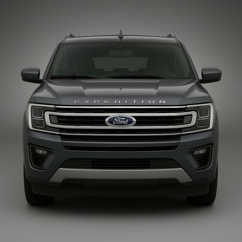 Front view of a Ford Expedition MAX SUV with chrome grille and bold Ford badge, set against a sleek gray gradient background.