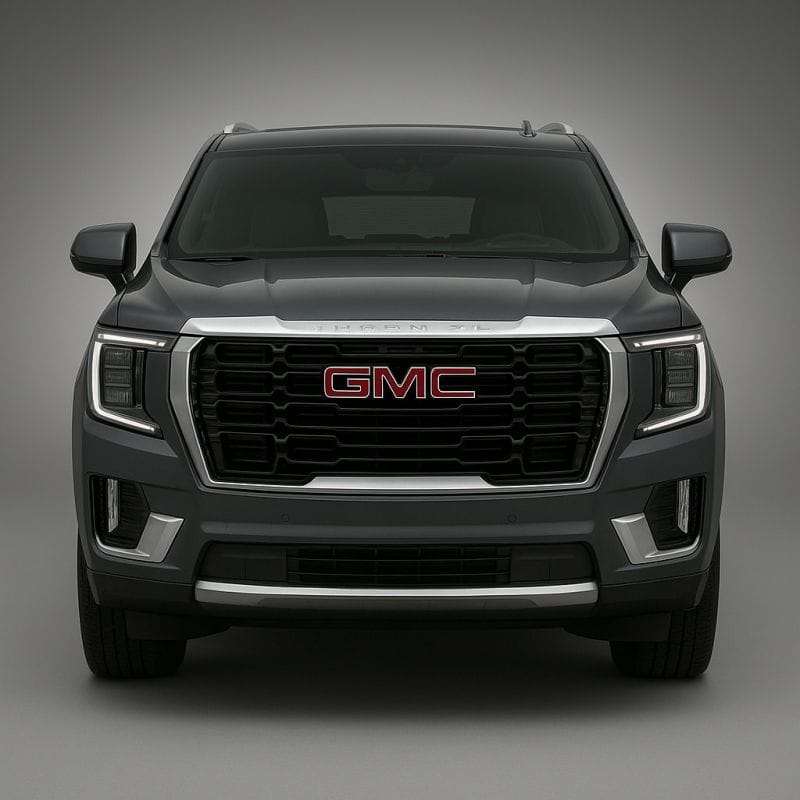 Front view of a GMC Yukon XL full-size SUV with bold chrome grille and red GMC badge, set against a refined gray gradient backdrop, emphasizing its upscale design and road authority.