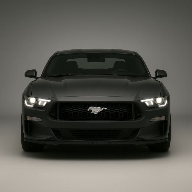 Front view of a sleek black Ford Mustang with headlights on.