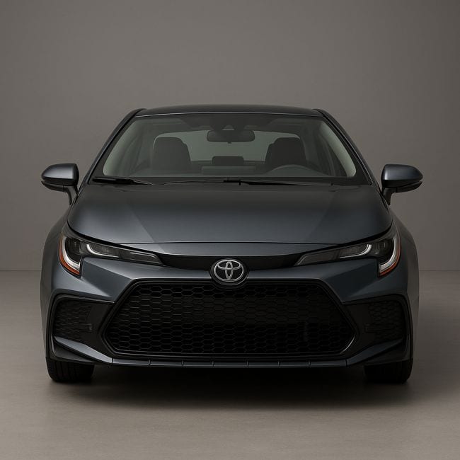 Front view of a sleek Toyota Corolla against a refined gray backdrop, showcasing its bold grille and sharp LED headlights.