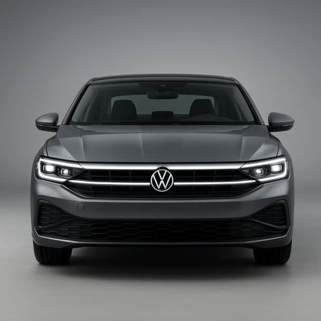 Front view of a Volkswagen Jetta in metallic gray with sleek LED headlights against a refined gray gradient background.