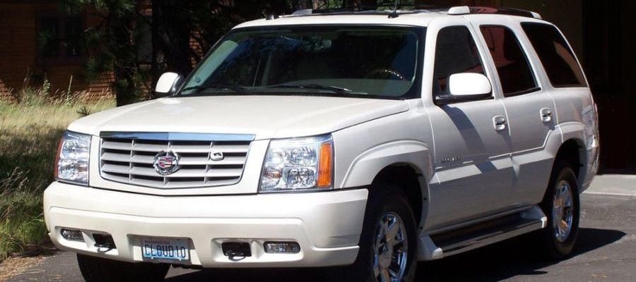 White Cadillac Escalade full-size SUV parked in a driveway with trees and a cabin in the background.