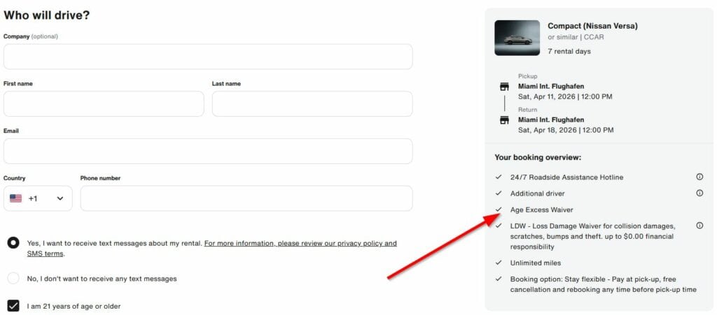 Sixt Miami airport car hire booking form showing Age Excess Waiver for young drivers